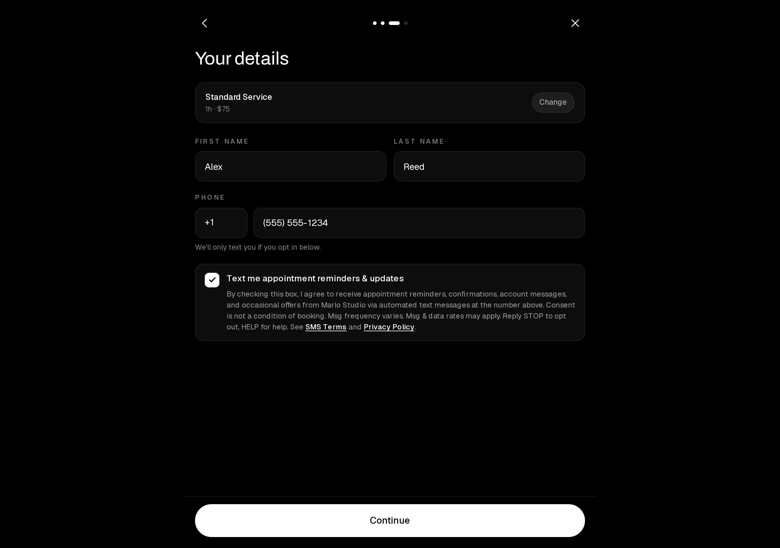 The same booking details step with the SMS consent checkbox actively checked by the consumer