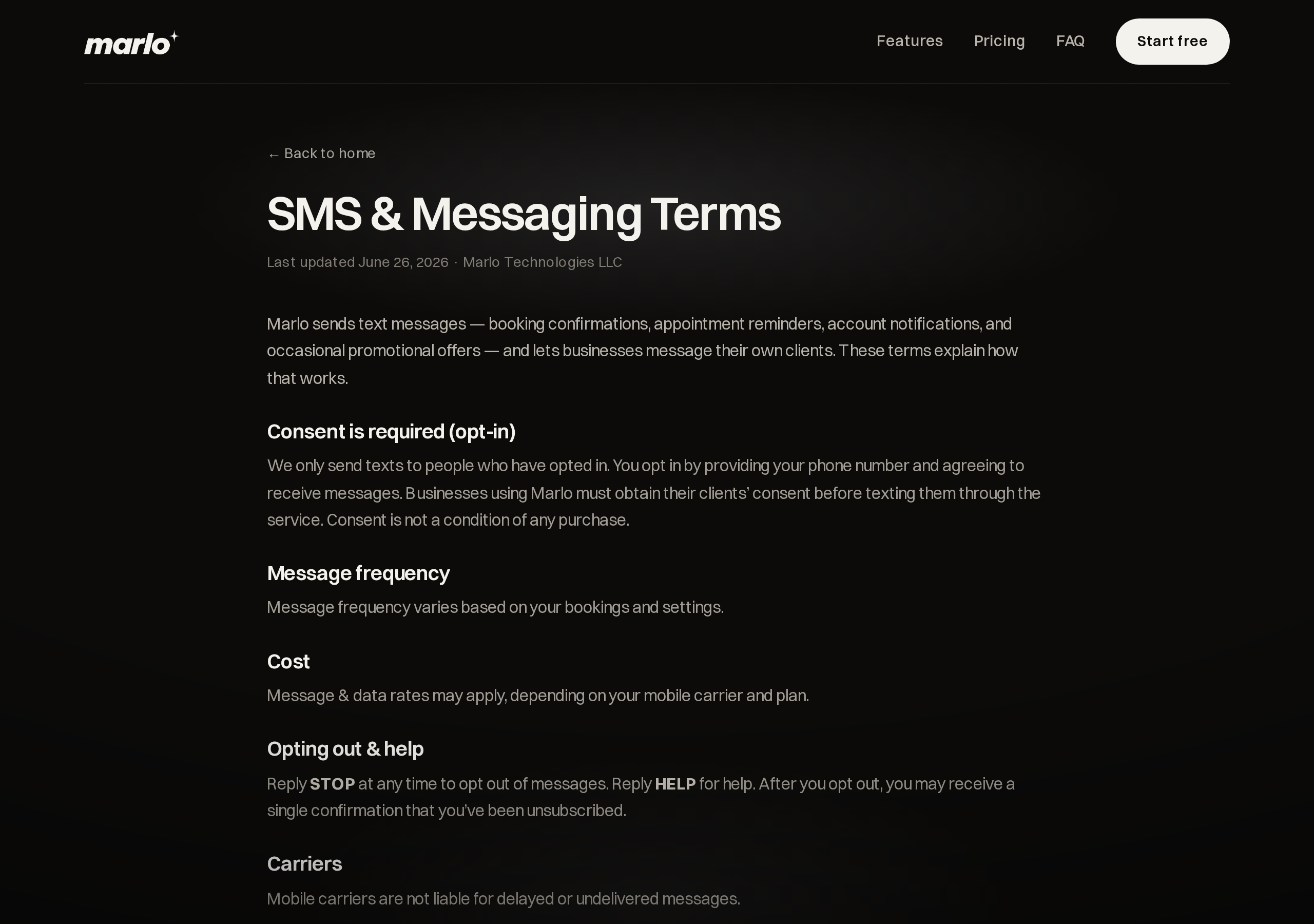 The public SMS and Messaging Terms page at joinmarlo.com/sms-terms