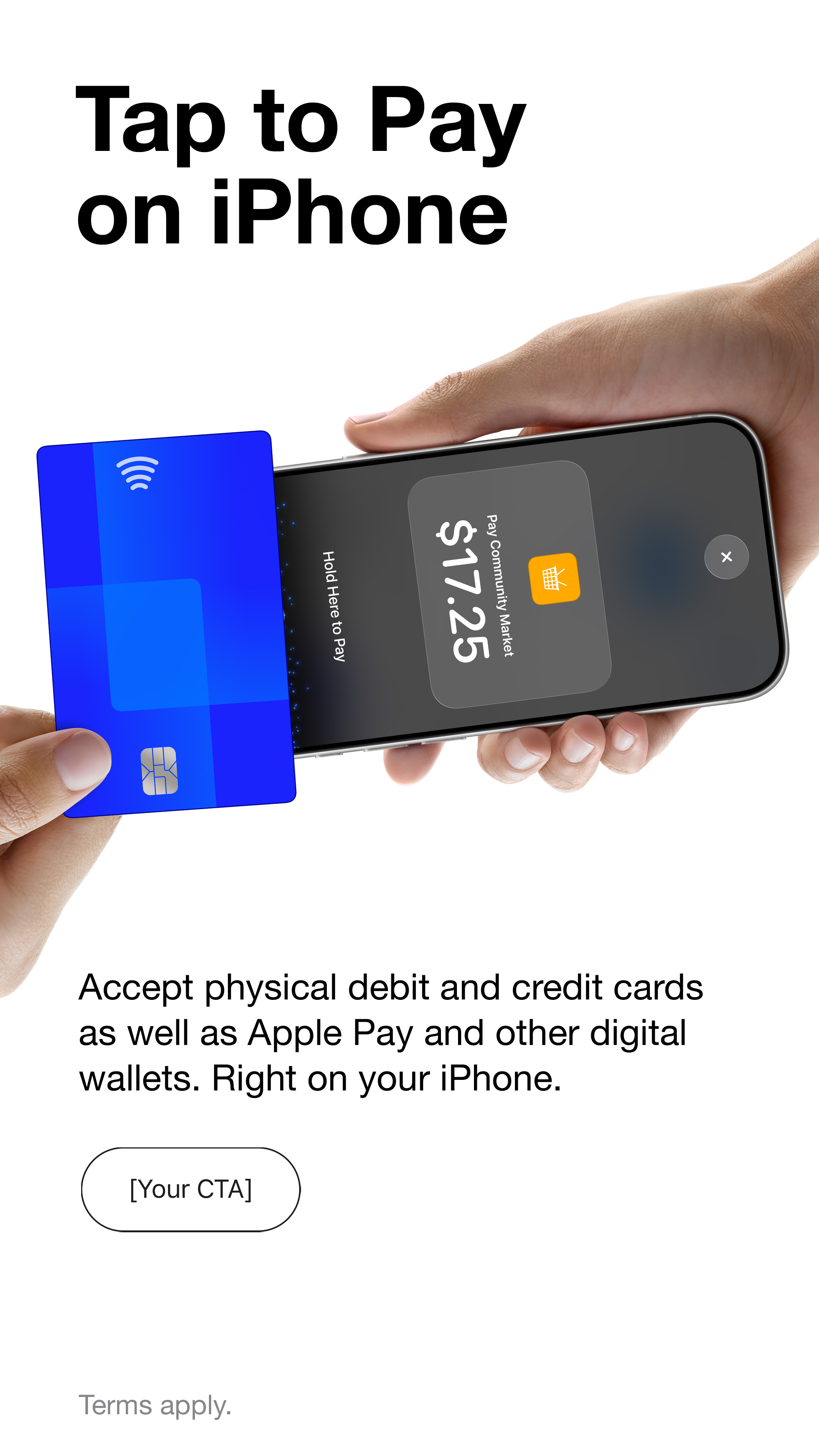 A customer presenting a contactless card to an iPhone using Tap to Pay on iPhone