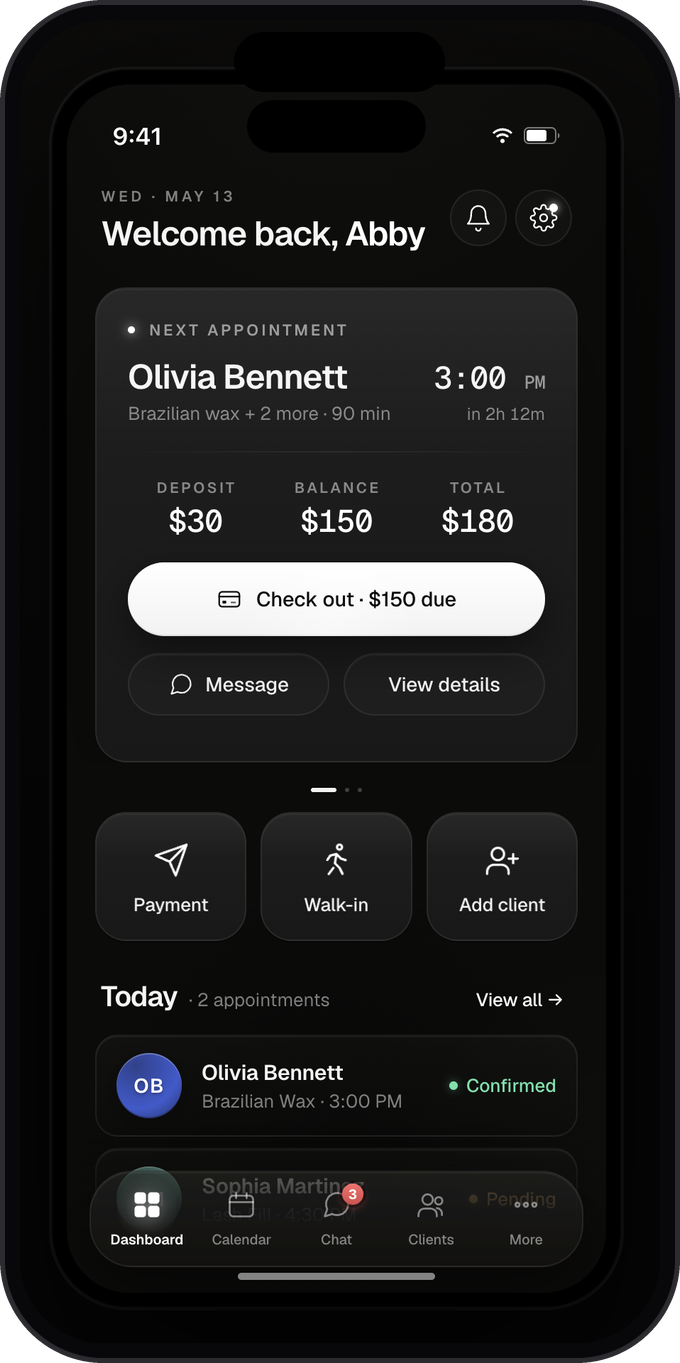 The Marlo app dashboard showing today's appointments and quick actions