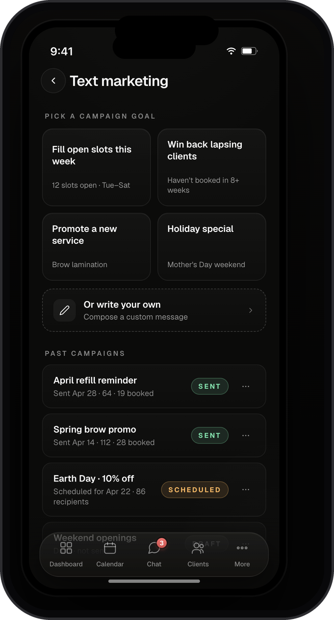 Marlo text marketing screen with campaign goals